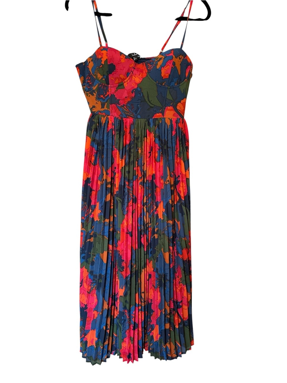 Lulu's Dorothy Pleated Midi Dress Sweatheart Neckline Vibrant Multicolor Small